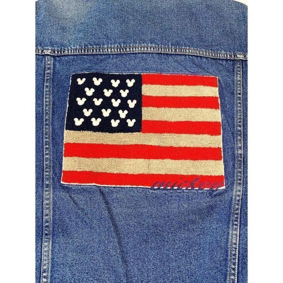 Vintage Mickey Inc Jean Denim Jacket XL Blue Disney American Flag Stars Stripes - Picture 6 of 10